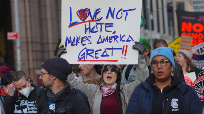 Thousands in New York protest against Donald Trump's plans for deportation and threats to reproductive rights