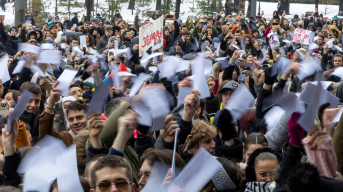 Serbian students march in Belgrade to protest train station disaster