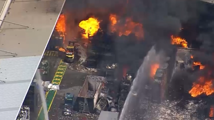 A massive fire erupted at a Western Sydney factory, fueled by exploding gas cylinders