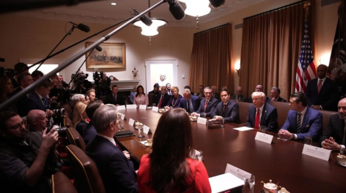 White House bars AP, Reuters, HuffPost and Der Tagesspiegel from covering first cabinet meeting of Trump’s second term.