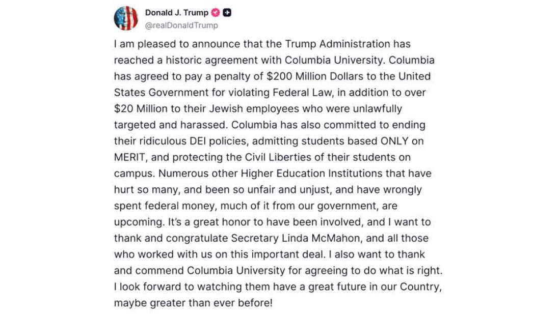 Columbia University to pay more than $200 million in settlement with Trump Administration