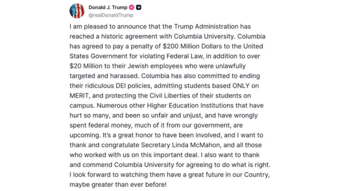 Columbia University to pay more than $200 million in settlement with Trump Administration