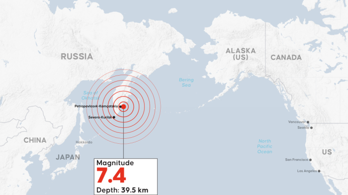 Magnitude 7.4 earthquake strikes near east coast of Russia's Kamchatka region, no tsunami risk