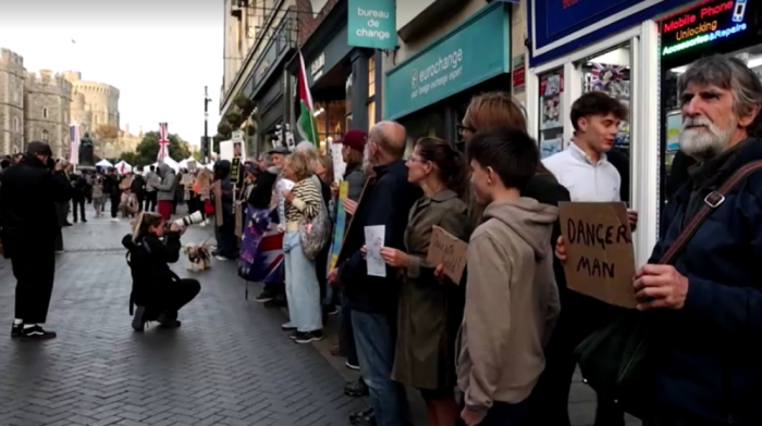 Protesters rally outside Windsor Castle ahead of Trump’s state visit