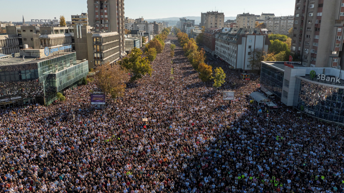 Tens of thousands protest in Serbia on anniversary of deadly roof collapse