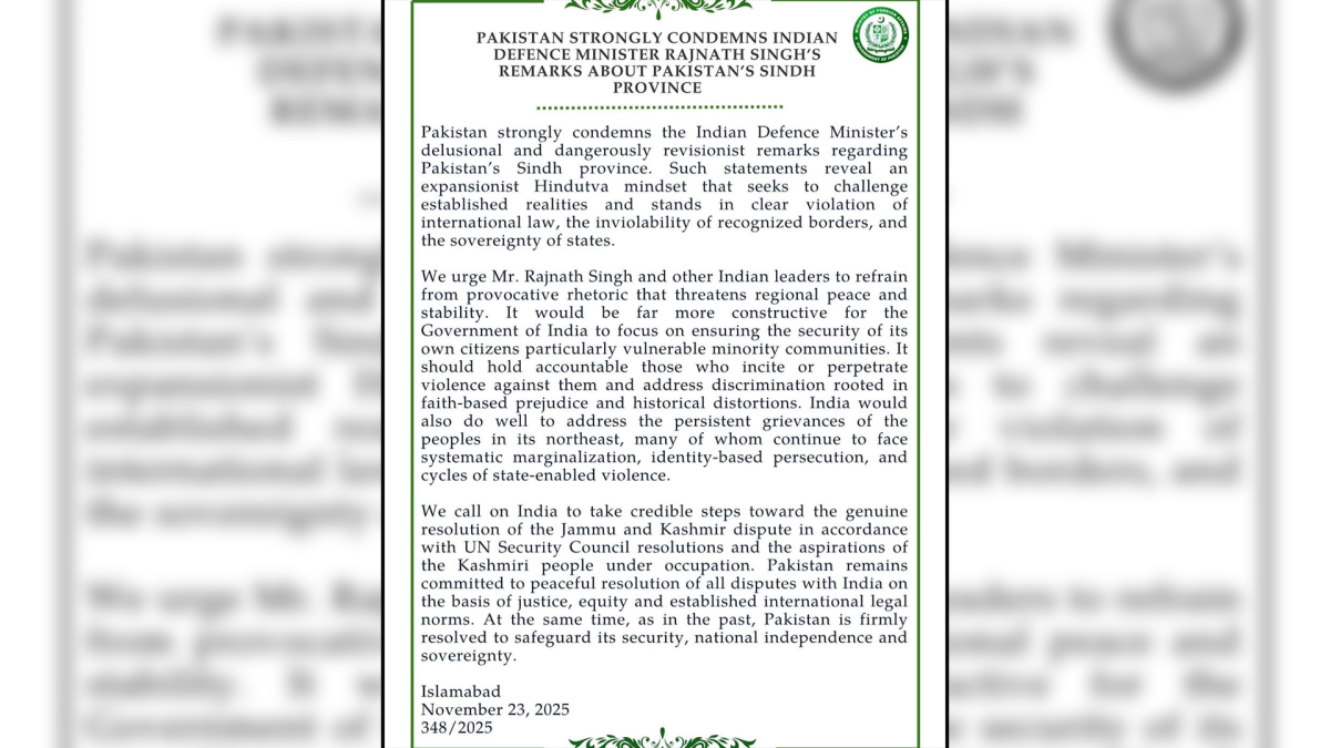 Pakistan reacts sharply to Rajnath Singh’s comments on Sindh returning to India