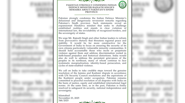 Pakistan reacts sharply to Rajnath Singh’s comments on Sindh returning to India