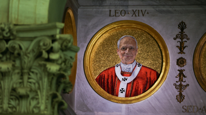 Mosaic portrait of Pope Leo XIV illuminated at Basilica of St. Paul Outside the Walls