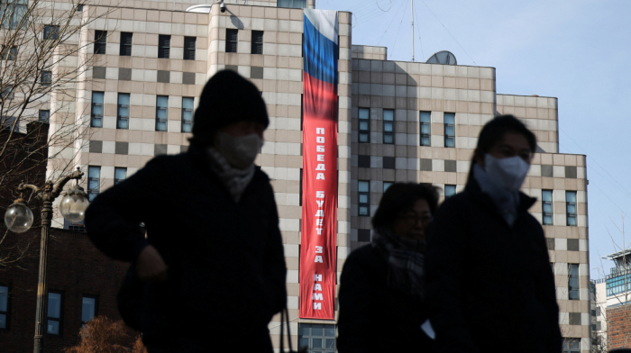 South Korea urges removal of 'victory' banner hanging from Russian embassy in Seoul