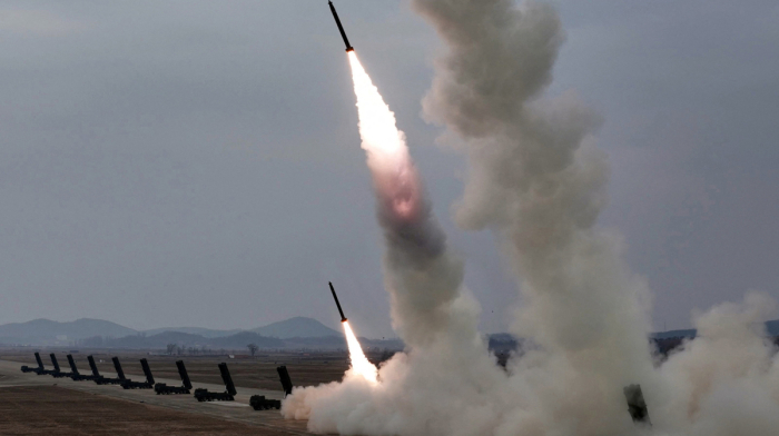 North Korean leader supervises multiple rocket launcher test
