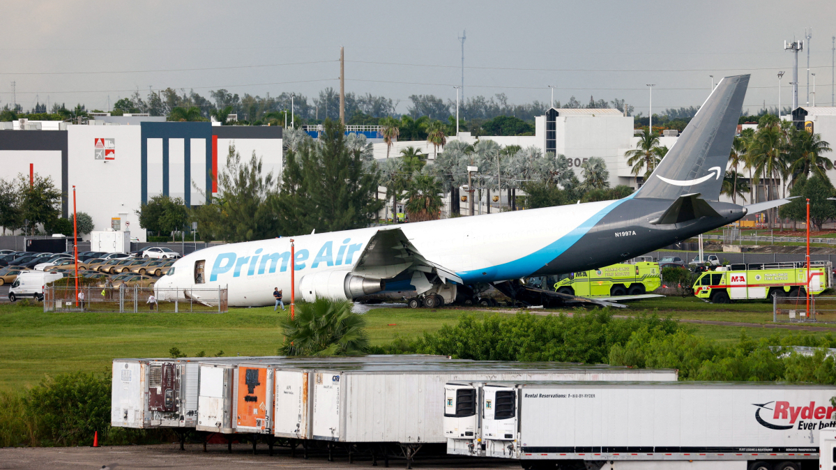 Five killed after Amazon cargo plane overruns runway at Miami airport