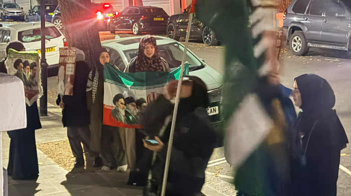 Protest outside Azerbaijani Embassy in London features Iranian flags and hijab placards